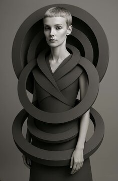 video  artistique en noir et blanc d&rsquo;une femme entour&eacute;e de structures circulaires futuristes