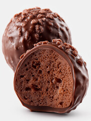 two chocolate truffles on a white background, one whole and one cut open, smooth glossy chocolate coating, airy and porous interior like a sponge, with small crunchy crystal textures inside, ultra-det