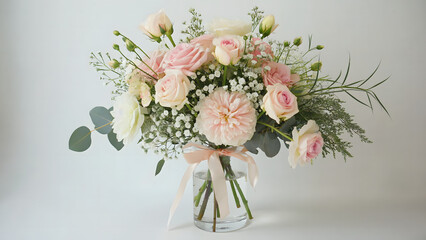 Elegant Pink and White Rose Bouquet in a Glass Vase a stunning floral arrangement perfect for weddings, anniversaries, or romantic gestures featuring delicate roses, baby's breath, and eucalyptus