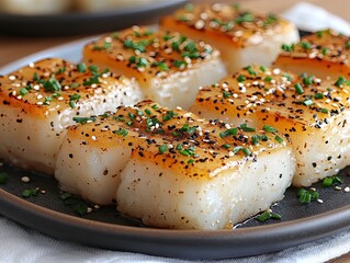 Delicious pan seared scallops topped with sesame seeds and chives on a plate. Perfect for blogs, websites, and recipes about gourmet seafood dishes.