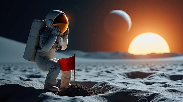 Astronaut planting flag on alien planet sunrise