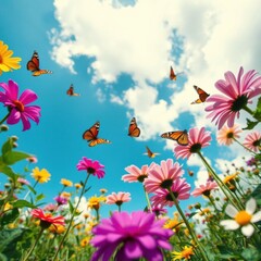 Cartoon flower garden with butterflies, blue sky and clouds