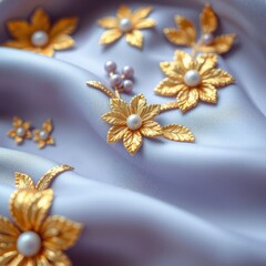 Naklejka premium Wavy 3D fabric with gold & lavender floral appliqués