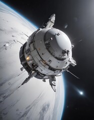Sleek spacecraft orbits luminous white planet  ,  orbit, futuristic spacecraft,  reflection
