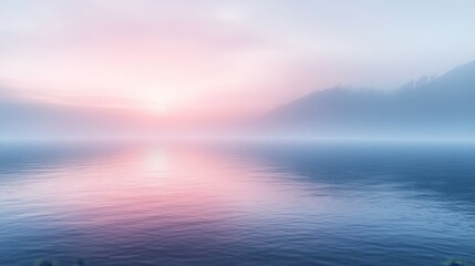 Obraz premium Serene, misty sunrise over a calm lake.
