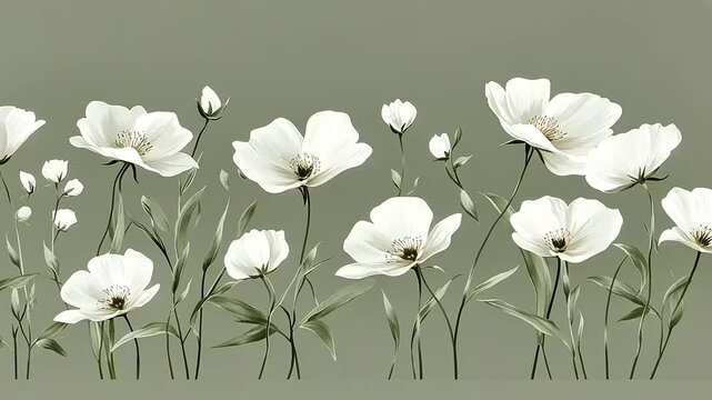 A collection of white flowers with green stems against a muted green background