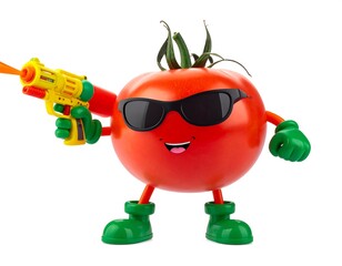 Smiling Tomato Character With Sunglasses Holding Toy Gun On White Background