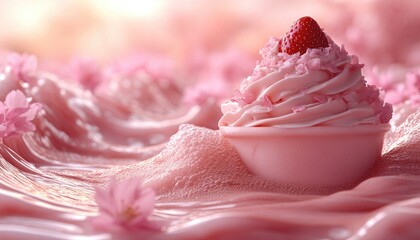 Cupcake with pink frosting, strawberry on top, and flower decoration. Use for party invitations, promotions, or dessert themed backgrounds.