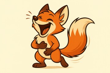 Obraz premium Cartoon fox with an exaggerated laugh, tilting its head back and clutching its belly, whimsical illustration on a light cream background