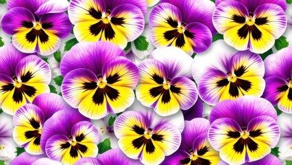Fototapeta premium Floral Pattern, Purple, yellow, and white pansies seamless repeat