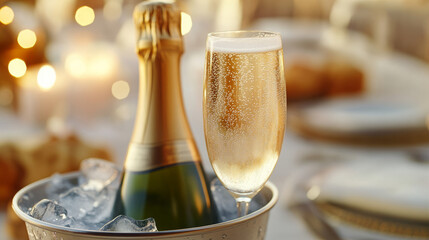 Chilled champagne bottle in ice bucket beside flute on elegant table  