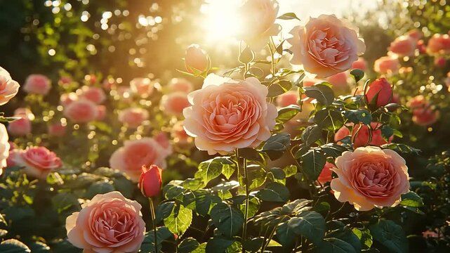 A field of pink roses blooms in the sunlight