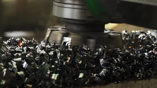 Industrial milling machine producing metal shavings and sparks. Stock clip