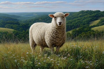 Obraz premium A sheep standing in a peaceful grassy meadow