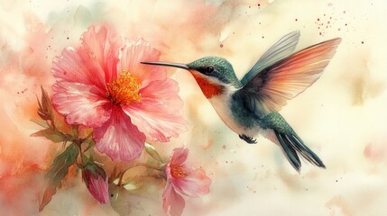 Delicate hummingbird hovering near a vibrant pink flower. Soft watercolor-style painting