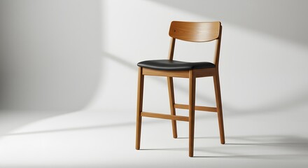 A wooden chair with a black cushion on a white background with shadow details casted
