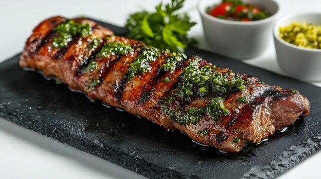 Argentinian Bondiola Slice with Chimichurri, Minimalist White Background, Bold Centered View