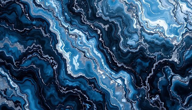 Mesmerizing blue agate texture background with intricate wavy patterns and silver accents creating a luxurious and elegant abstract design for sophisticated projects and creative endeavors