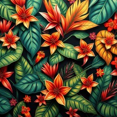 Naklejka premium Exotic floral pattern, Colorful jungle leaves & blooms