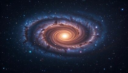 Majestic spiral galaxy swirling in cosmic dark vibrant hues of orange and blue celestial wonder