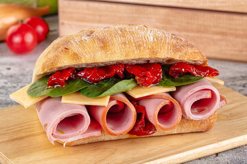 Ciabatta with mortadella, tomato, cheese and spinach
