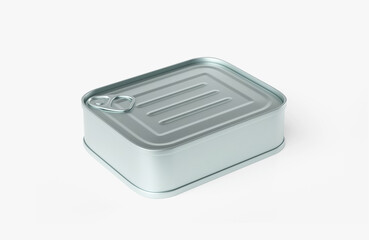 Can of food is sitting on a white background. The can is silver and rectangular in shape. 3d render