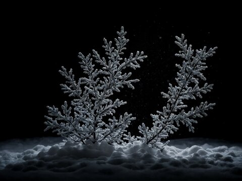 Zarte vereiste Zweige ragen aus einer Schneedecke vor schwarzem Hintergrund empor und erzeugen ein ruhiges, minimalistisches Winterbild