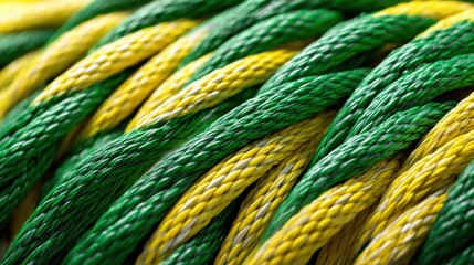 Close-up view of interwoven green and yellow ropes