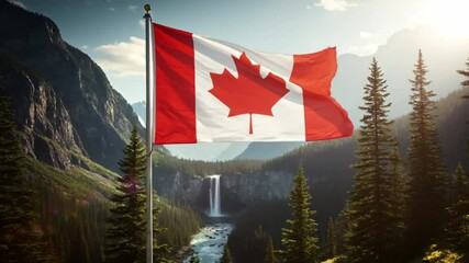 Canadian flag waving in the wind, with a scenic mountain and waterfall landscape in the background. Canada concept.