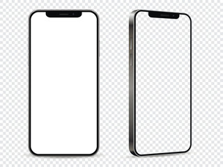 Mobile phone mockup. Front and side view with white and empty screen on transparent background.