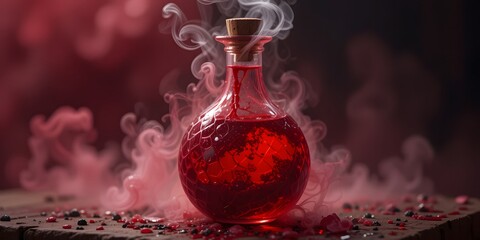 Fiery Dragon Blood Potion In Scaled Flask. Crimson Elixir With Heat Radiating Off The Bottle, Conjuring Images Of Fantasy, Magic, And Ancient Power. A Potent Brew.