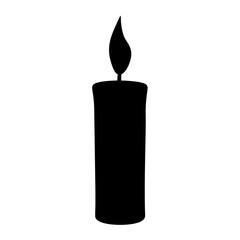 A simple black silhouette of a single candle with a flame on a white background
