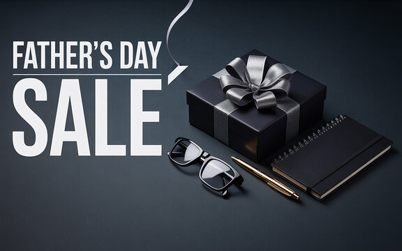 Stylish father's day sale announcement with gift box glasses pen and notebook displayed elegantly