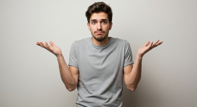 Young man in gray shirt shrugging with a puzzled expression against a plain background