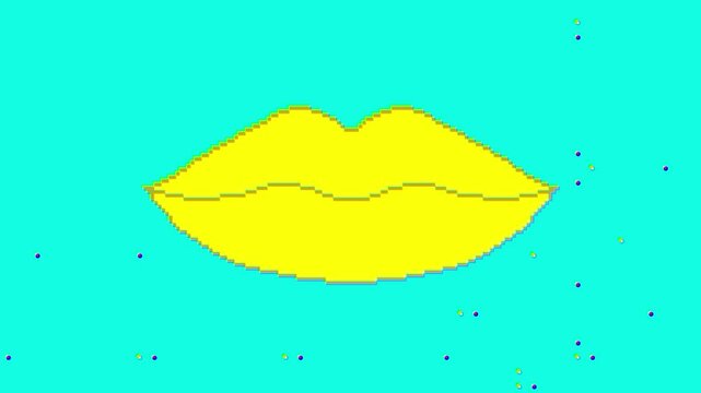 Retro Animation Loop of Glitch Pixel Art Yellow Pop Art Lips on Blue Halftone Background. Vintage inspired projects, digital art visuals. Digital Kiss. Doodle glitchy pixel art lips