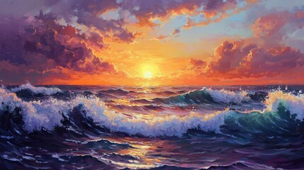 Vibrant Sunset Over Ocean Waves A Stunning Seascape Painting