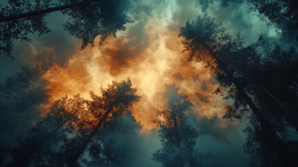 Fototapeta premium Wildfire smoke drifts heavily through the trees