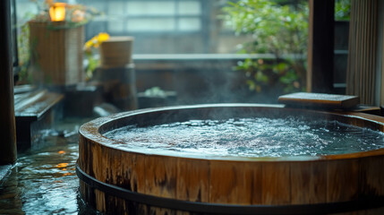 Fototapeta premium Wooden onsen tub displays mineral water used in traditional Japanese baths