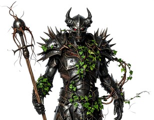 Dark Armored Figure with Vines and Staff Isolated on White Background