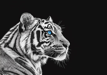 Close-up of tiger's face with vibrant blue eye on black background	