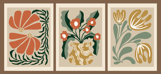 A set of modern abstract floral posters. Nerdy naive groovy funky wall paintings. Vector flat illustration for interior, paintings, postcards, covers, tee print, wallpaper, hippie-style flower show.