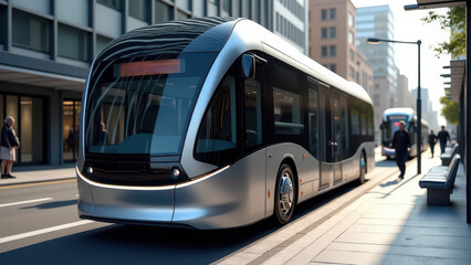 Obraz premium Next-gen e-bus at a city stop