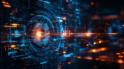 Futuristic high-tech digital eye technology, with data analysis displayed. The scene is a vibrant representation of technological innovation