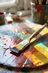Fototapeta premium Artist's Paintbrush on Colorful Palette with Mixed Paints