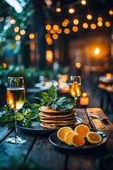 Stacked pancakes, outdoor dining