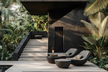 Modern outdoor living area nestled amidst lush greenery