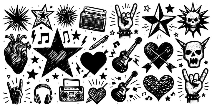 Musical Symbols & Rebel Art, Artistic illustrations featuring musical notes, guitars, and edgy punk symbols in a bold tattoo style