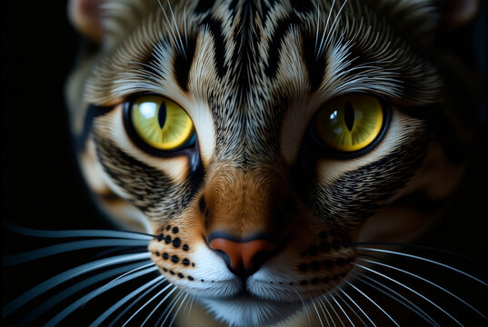 Close-up of a Bengal cat's face with striking green eyes   - Powered by Adobe