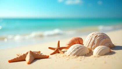Obraz premium Seashells and Starfish on a Sunny Beach Summer Vacation Vibes