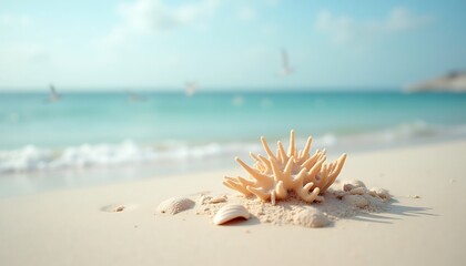 Seashells on a Sandy Beach with Ocean View